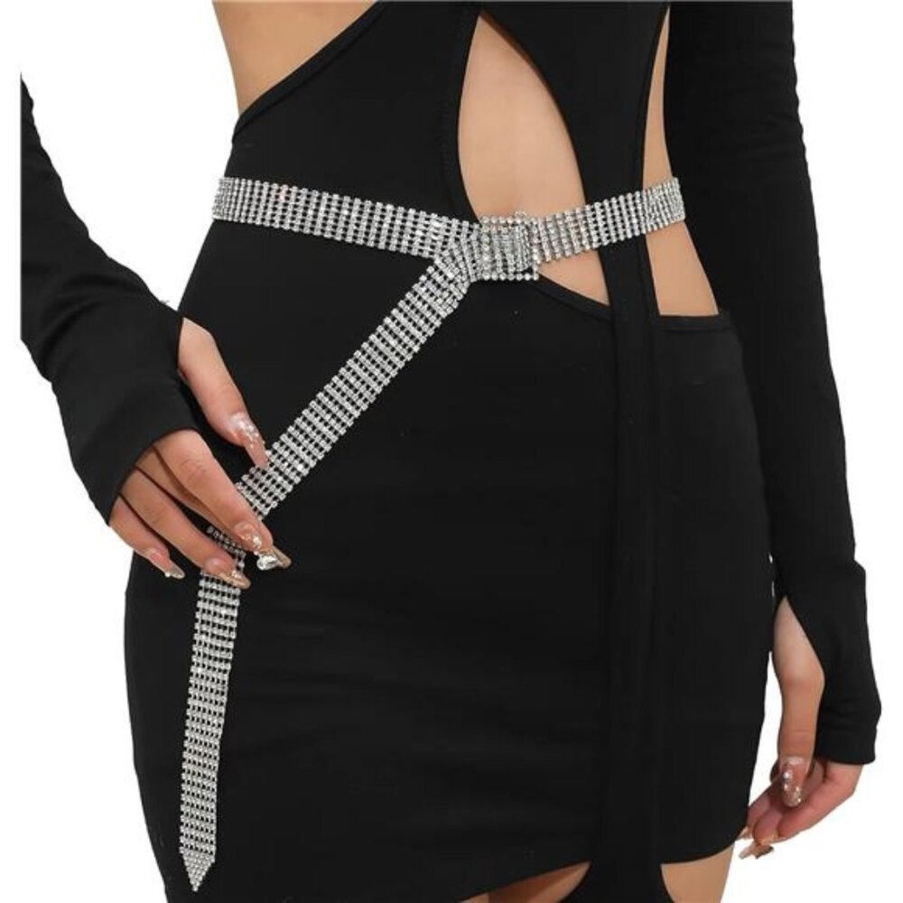 Women Rhinestone Belt Bling Crystal Shiny Waist Dress Belt Silver - Picture 5 of 8